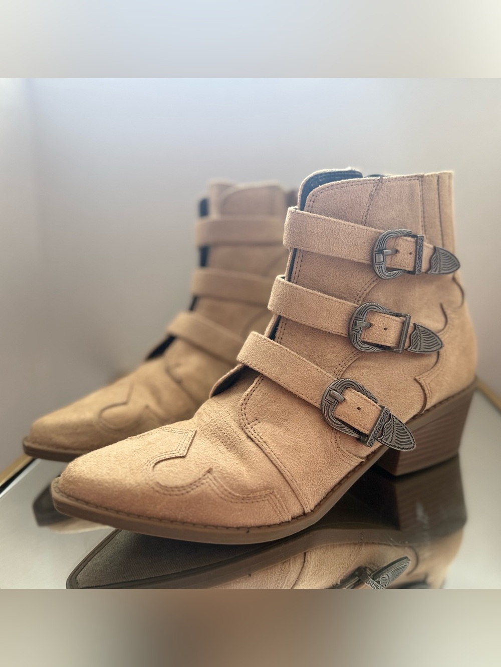 Indigo Beige Suede Triple-Buckle Ankle Boots